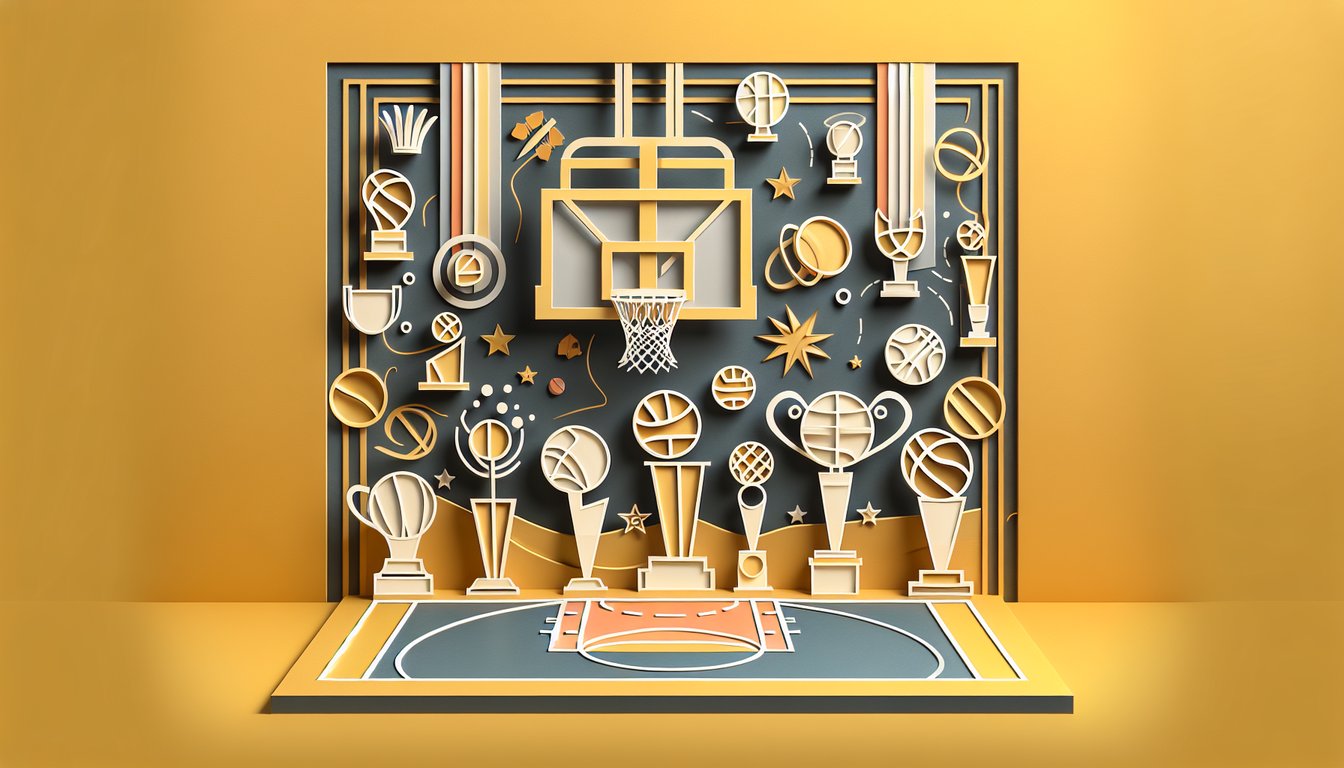 Paper art illustration for NBA champions quiz on golden yellow background