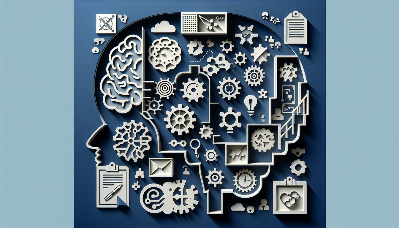 Paper art style brain puzzle pieces and question marks over open quiz sheet titled IQ challenge on dark blue background
