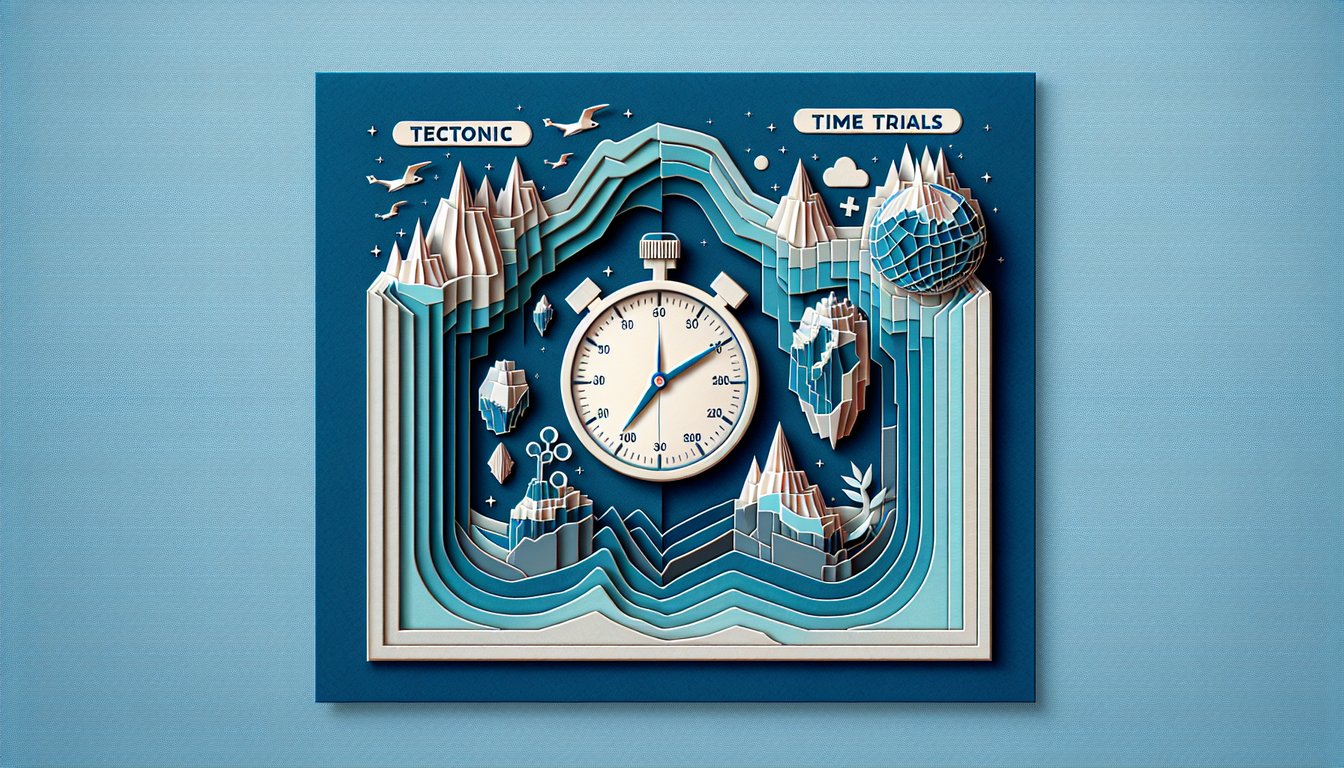 Colorful paper art promoting Tectonic Time Trials, a plate tectonics quiz for high school students.