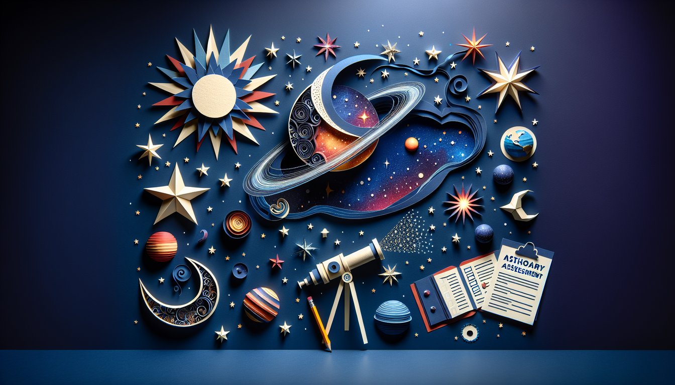 Colorful paper art depicting various celestial bodies for an Astronomy Knowledge Assessment Quiz