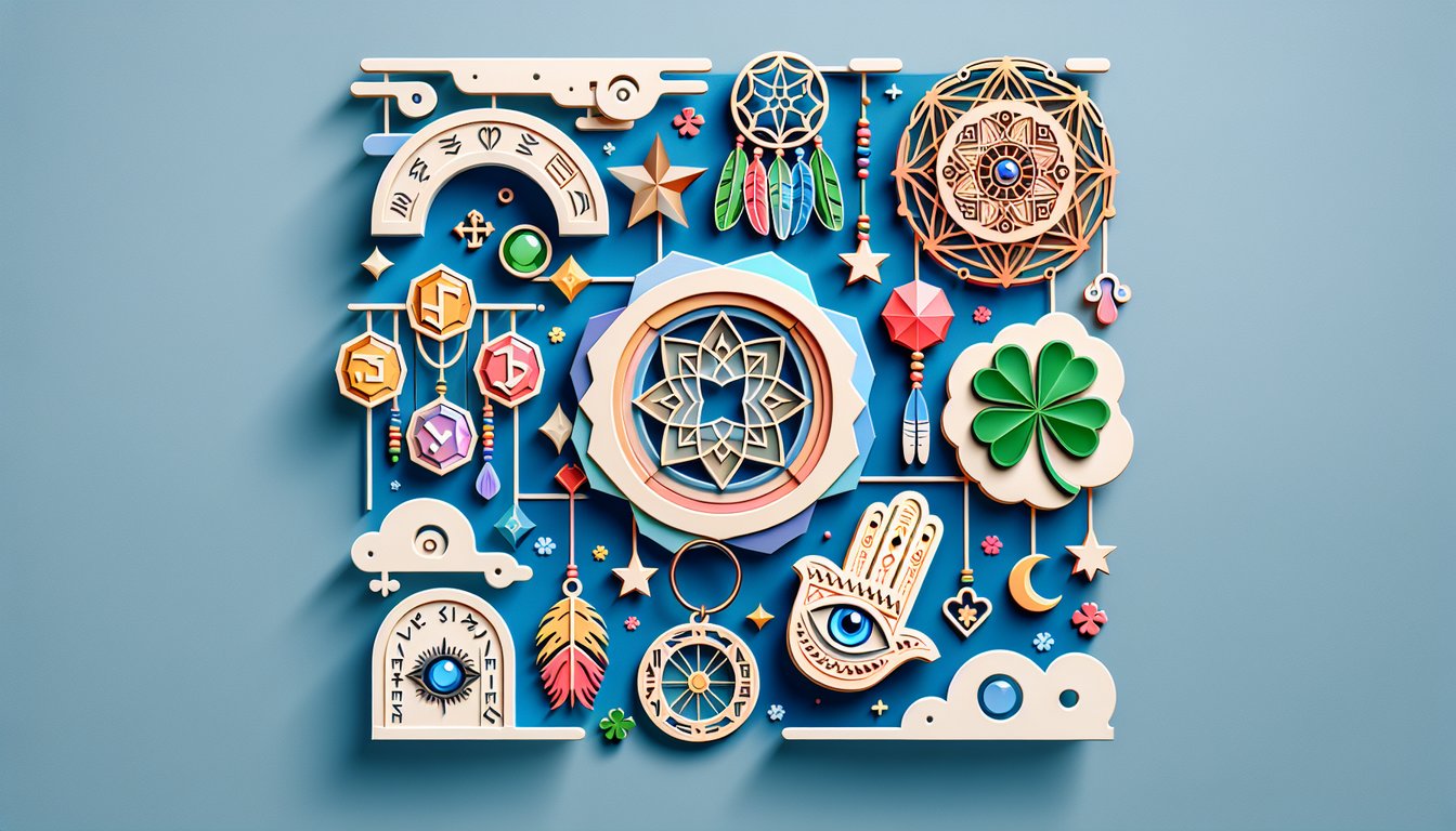 Paper cut shapes of sacred talismans hang against sky blue backdrop with playful text inviting a free lucky charm quiz.