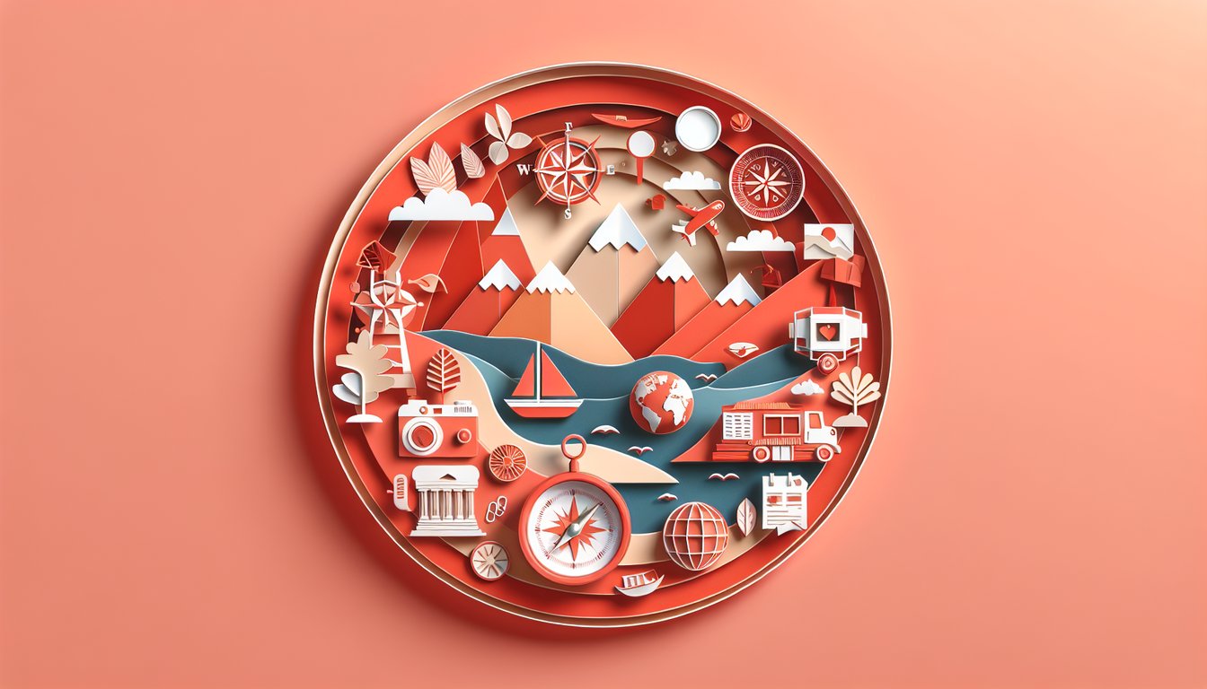 Paper art world map with travel icons and country flags on coral background illustrating lifestyle quiz