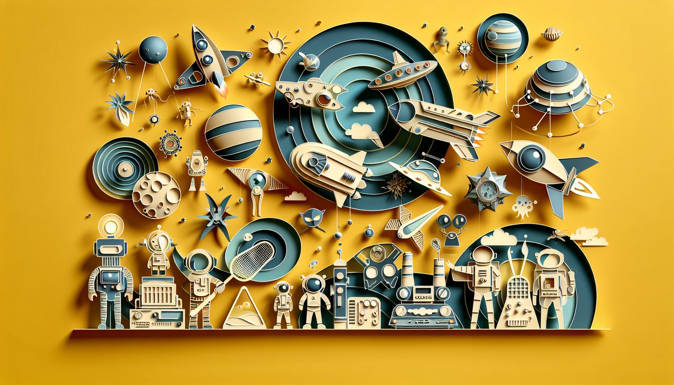 Paper art illustration for Spaceballs trivia quiz on a golden yellow background