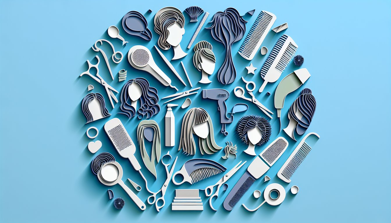 Paper art illustration for a hairstyle personality quiz on a sky blue background
