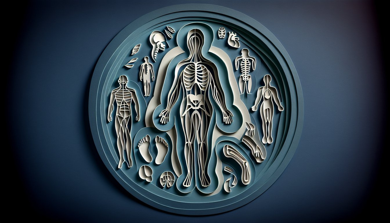 Paper art illustration for anatomical terminology quiz on dark blue background