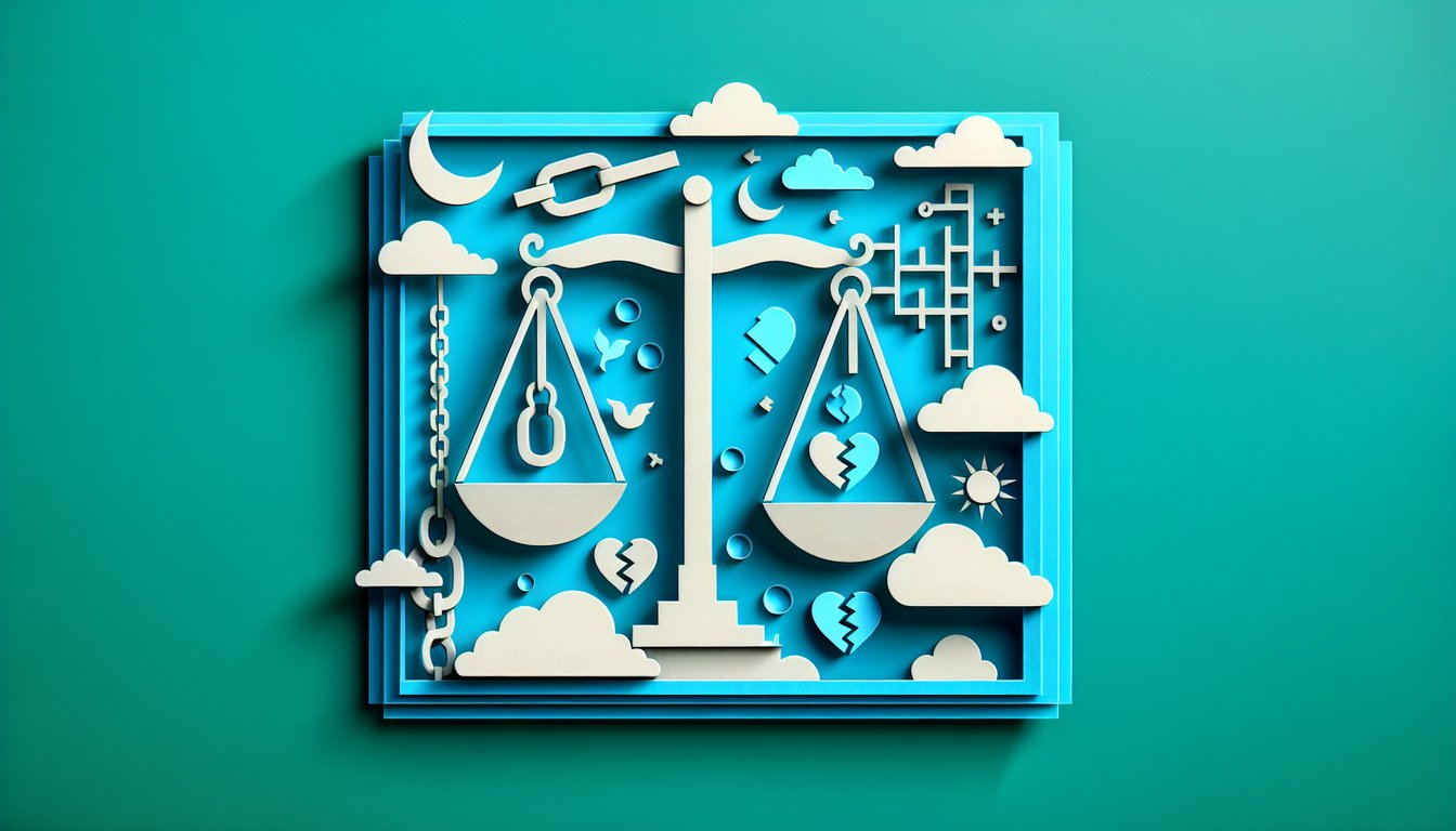 Paper art illustration of couple separated by torn heart, on teal background for free toxic marriage quiz