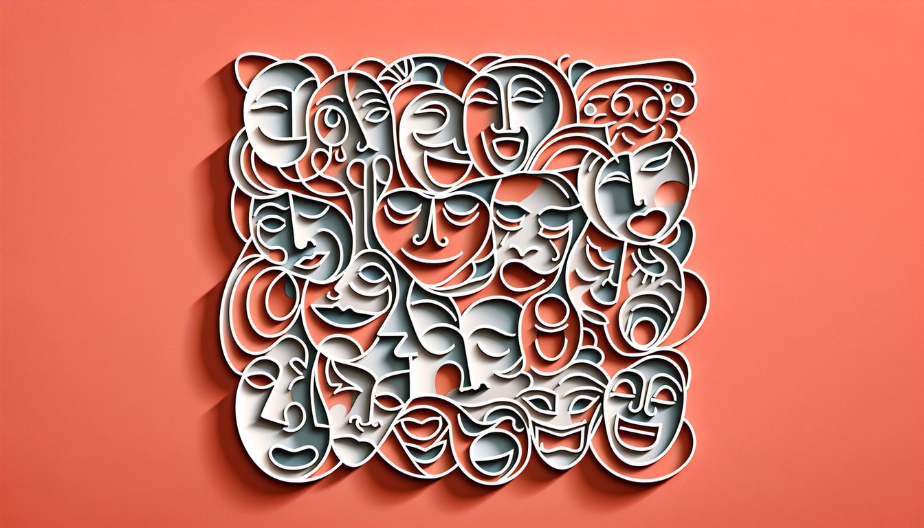 Paper art illustration for a human emotions quiz on a coral background.