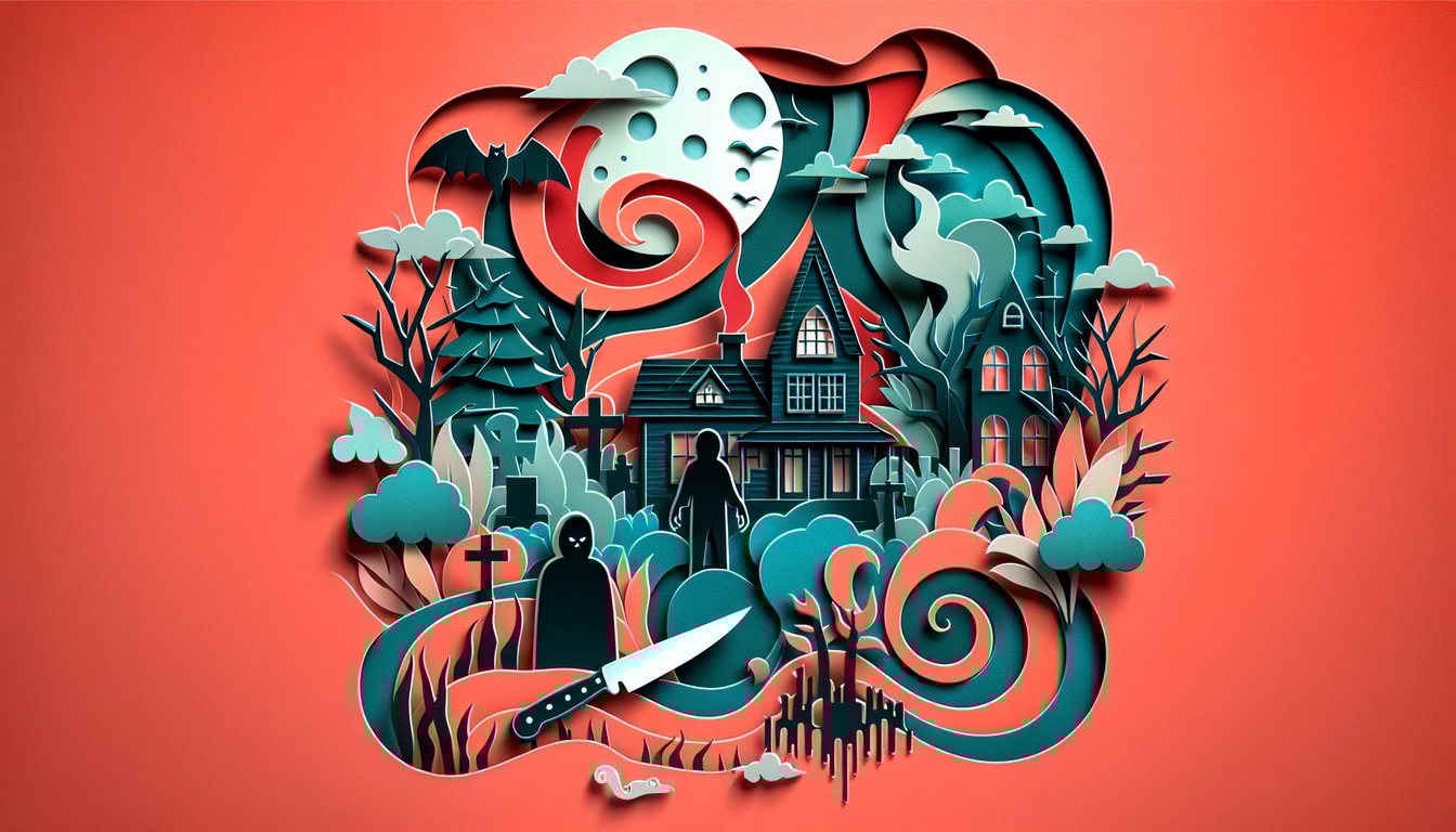 Paper art horror masks knives and silhouettes on coral background prompt quiz takers to reveal their slasher villain