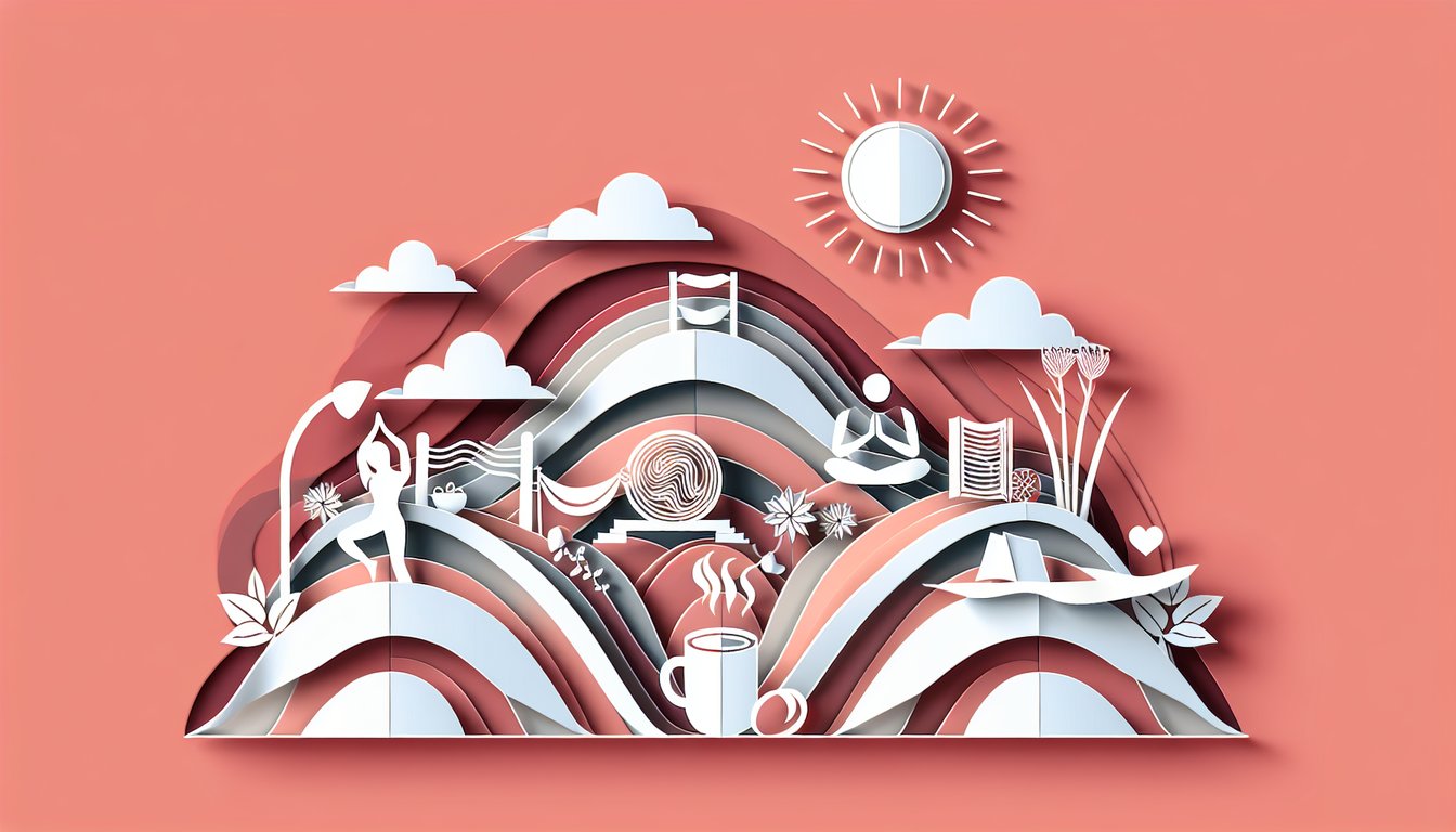 Paper art illustration for morning routine quiz on a coral background