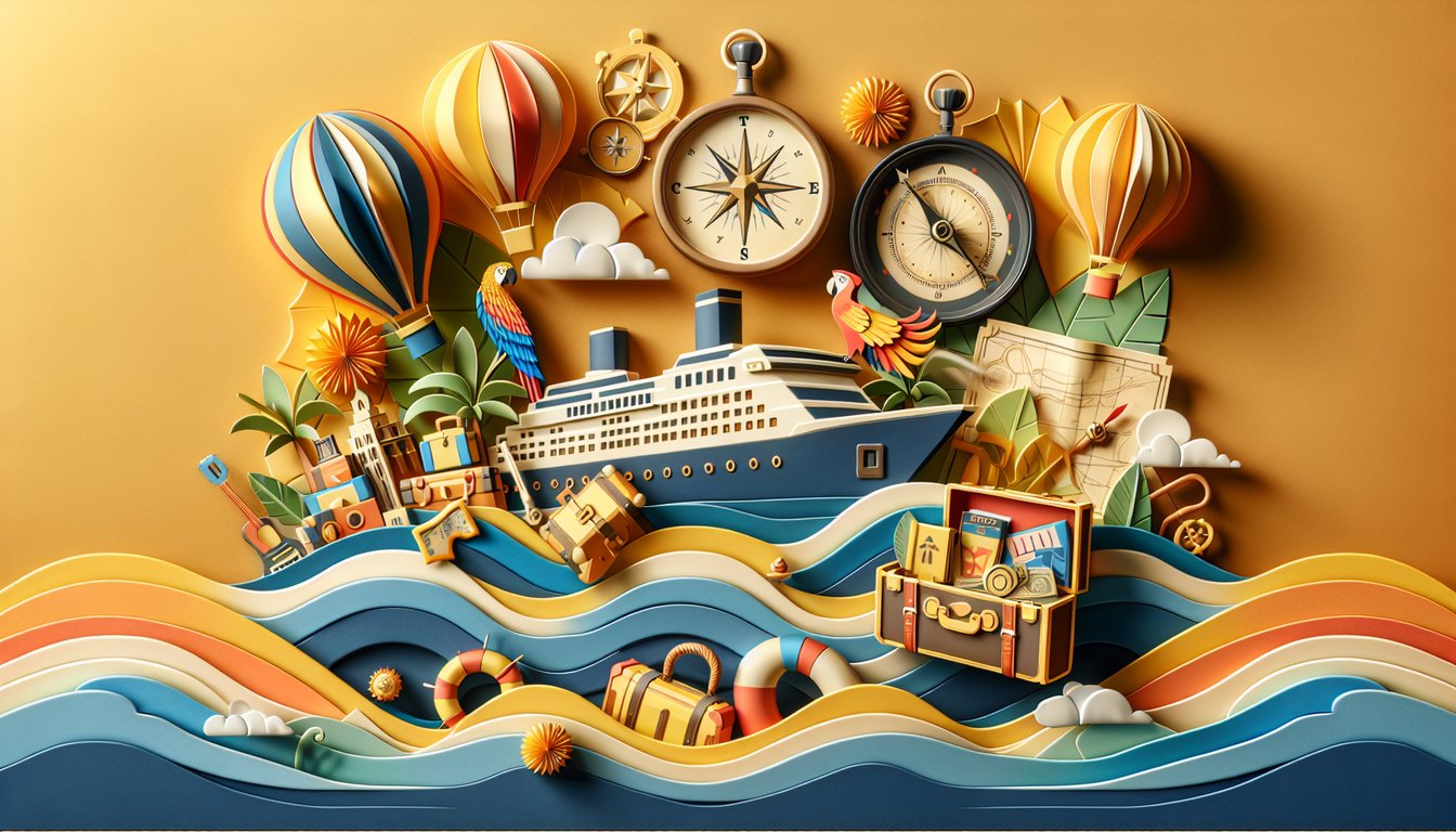 Paper art collage of cruise ship and Suite Life on Deck characters on golden yellow background for quiz