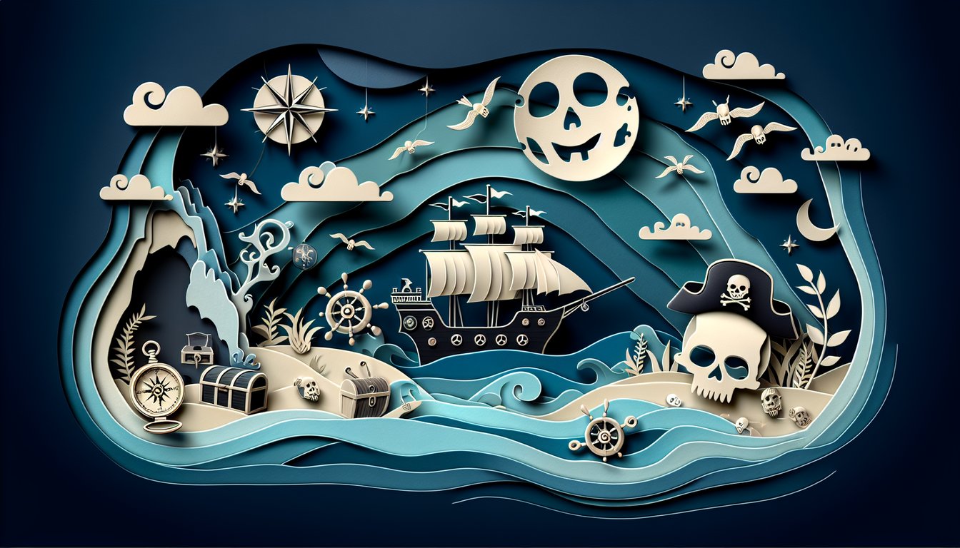 Paper art illustration for Pirates of the Caribbean character quiz on dark blue background