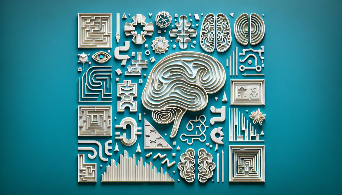 Paper art illustration promoting a free nonverbal reasoning quiz with visual puzzles on a teal background