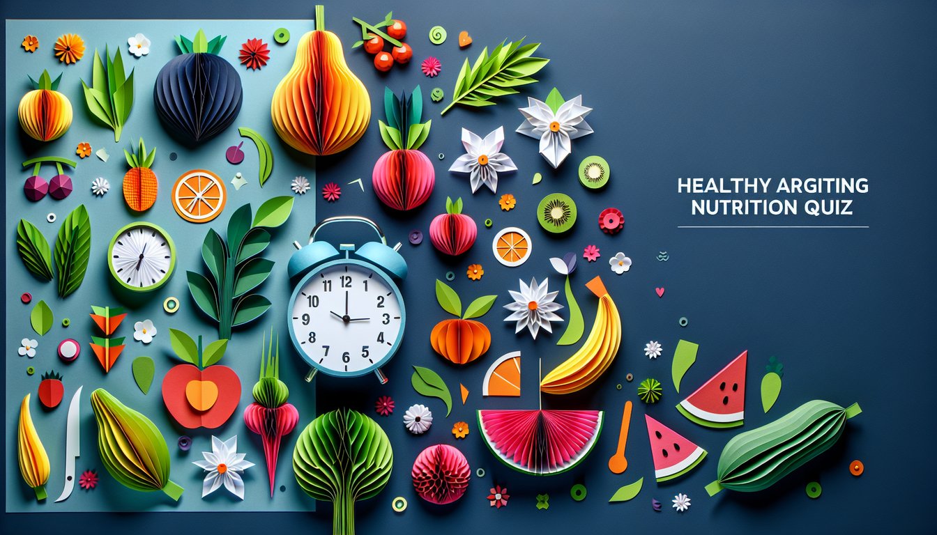 Colorful paper art illustrating a trivia quiz on healthy aging nutrition