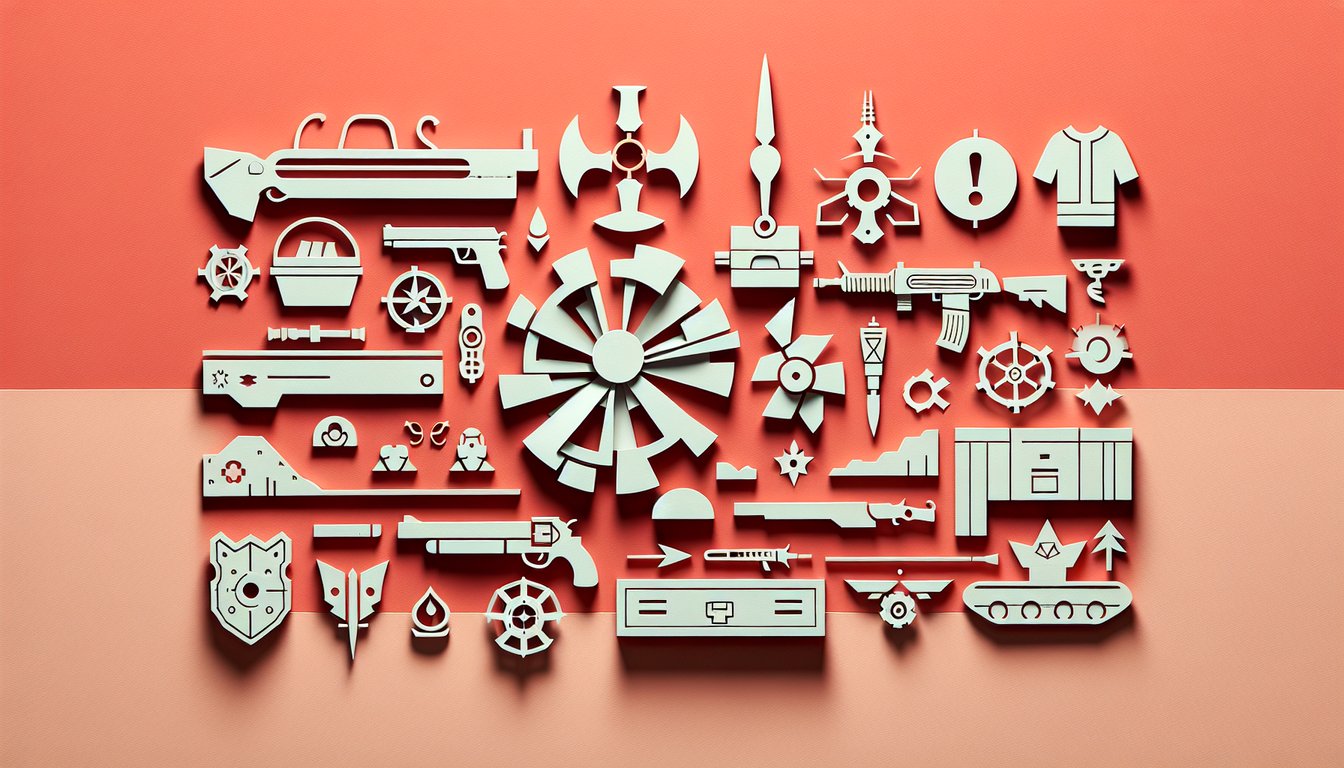 Paper art illustration for Borderlands trivia quiz with weapons and lore elements on a coral background.