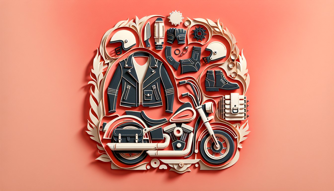 Paper art illustration with biker helmet patch and club insignias on a coral background for Sons of Anarchy character quiz