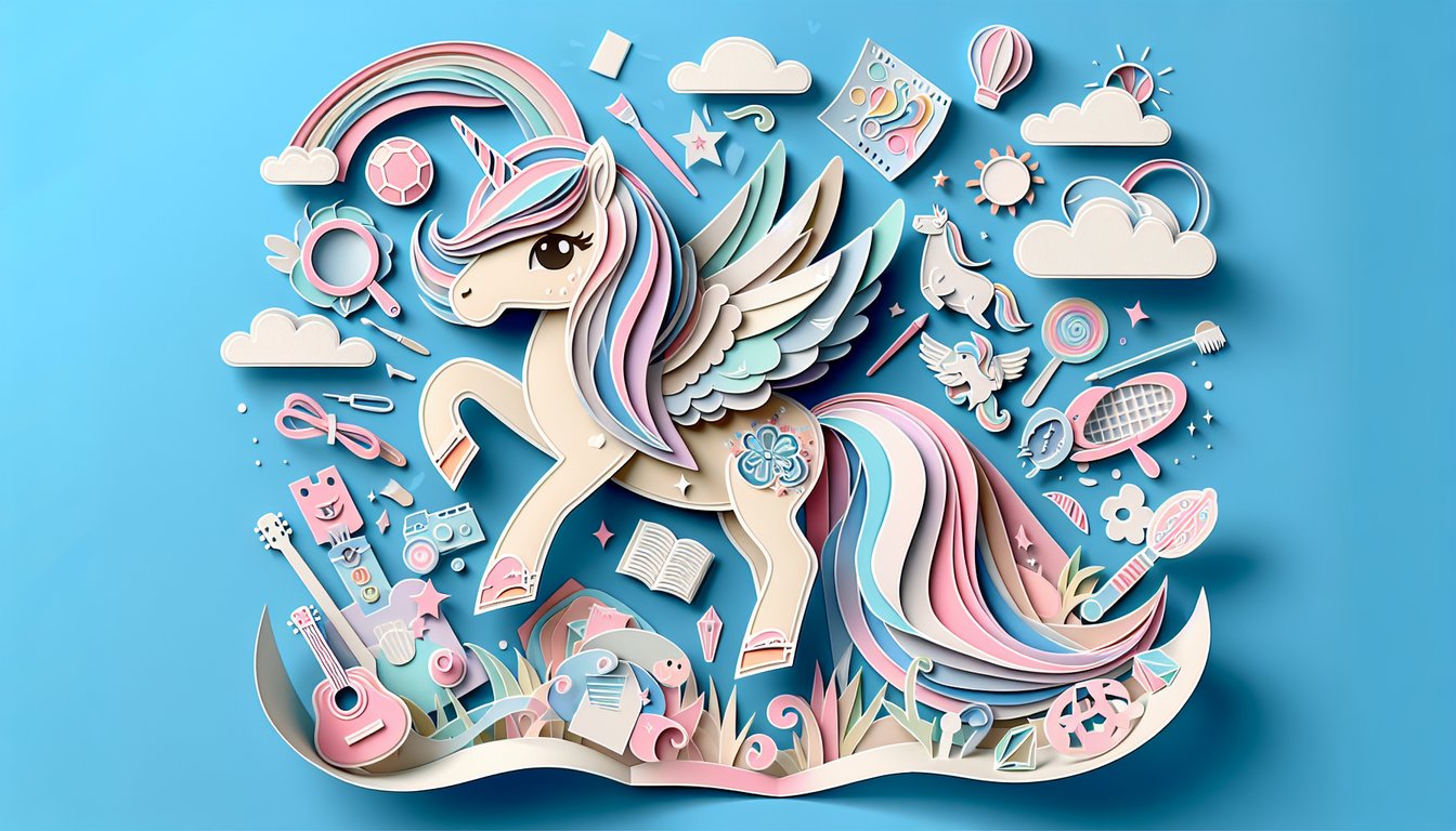 Paper art illustration for My Little Pony Maker Quiz on sky blue background