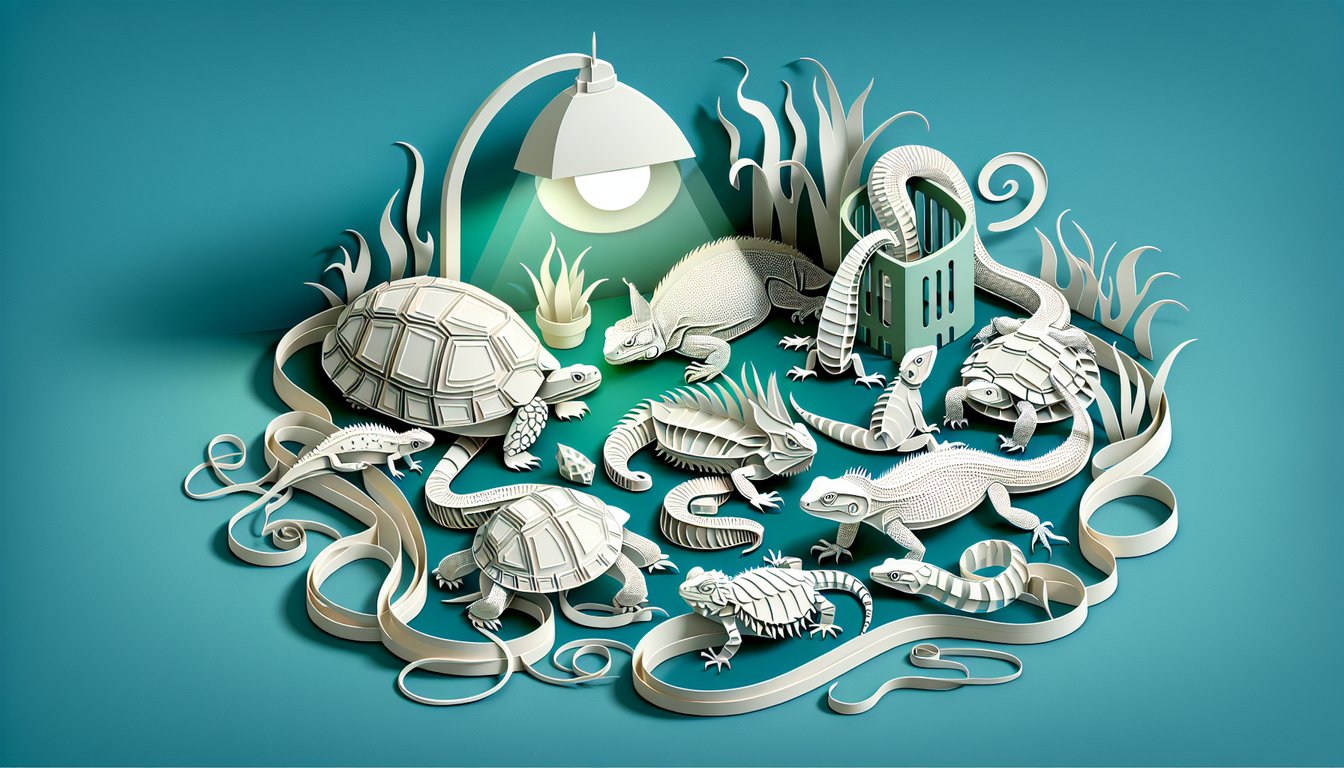Paper art collage of lizard snake turtle cutouts on teal background promoting a free What Reptile Am I personality quiz.