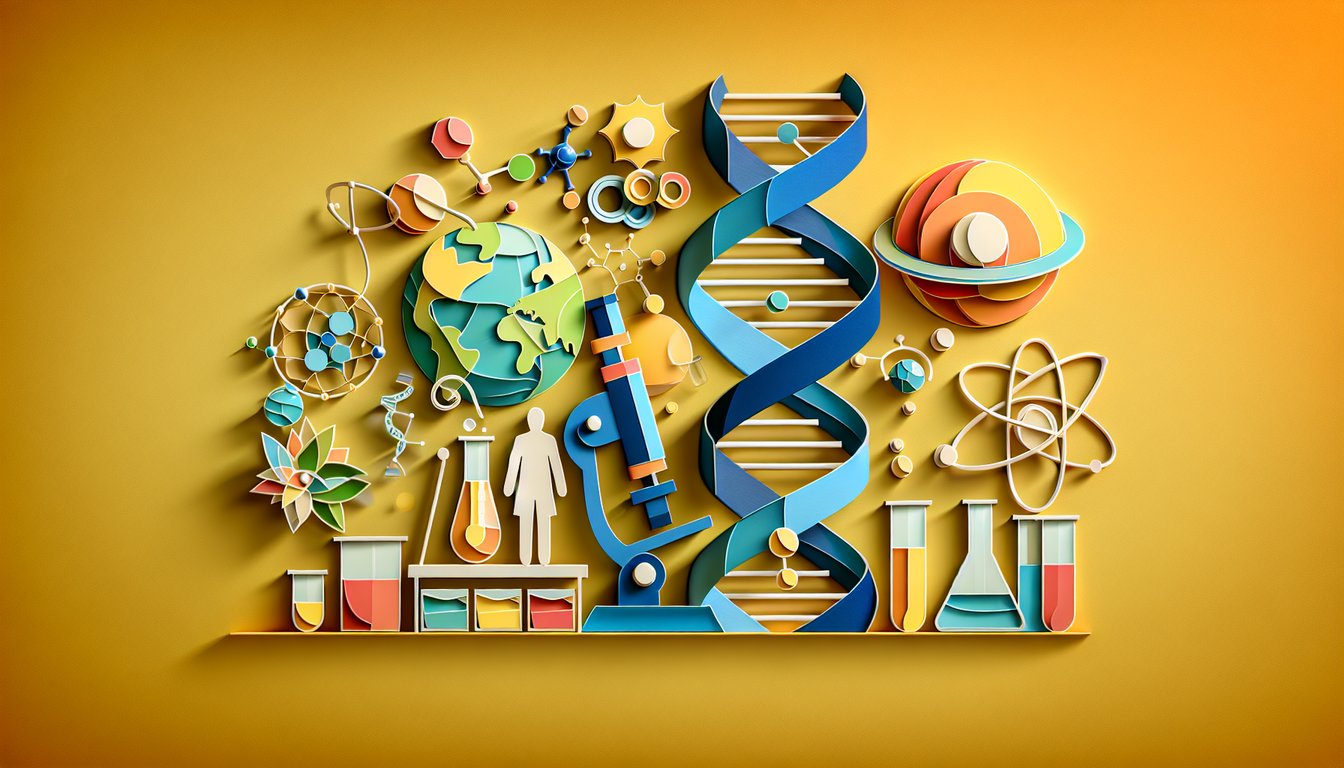 Paper art illustration shows science quiz with flasks, beakers, atoms and gears on golden yellow background