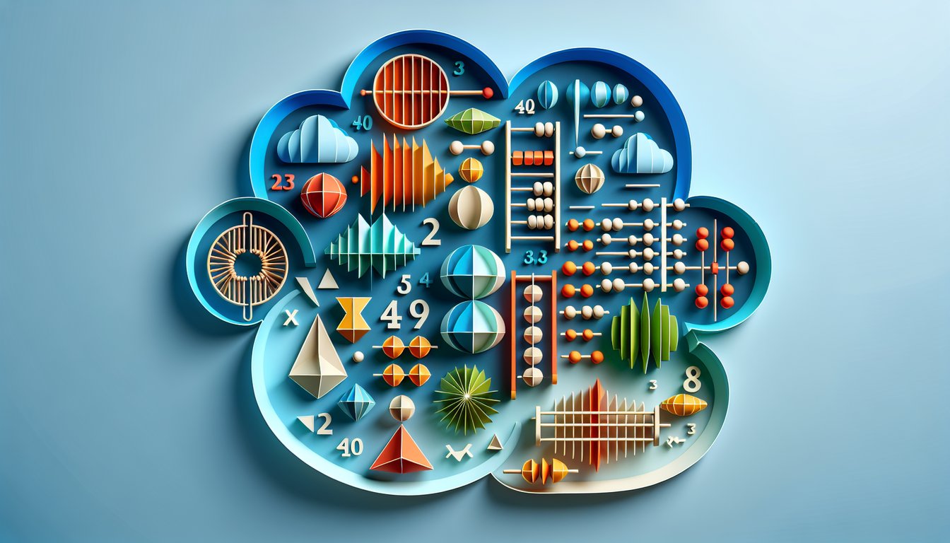 Paper art illustration featuring numbers, plus sign, protractor and quiz cards on sky blue background