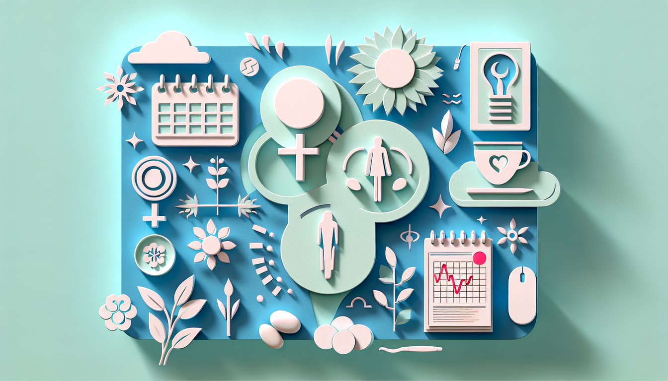 Paper art of layered female silhouette and test symbols on sky blue backdrop representing free online PMDD quiz