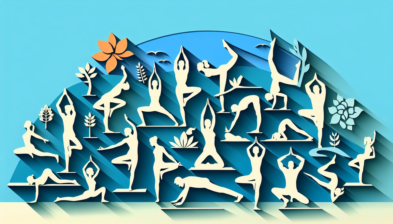 Paper art collage of yoga pose silhouettes labeled in sanskrit and english on sky blue background