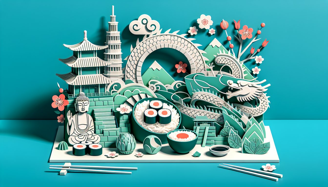 Paper art illustration for Asian personality quiz with cultural, food, and values questions on teal background.