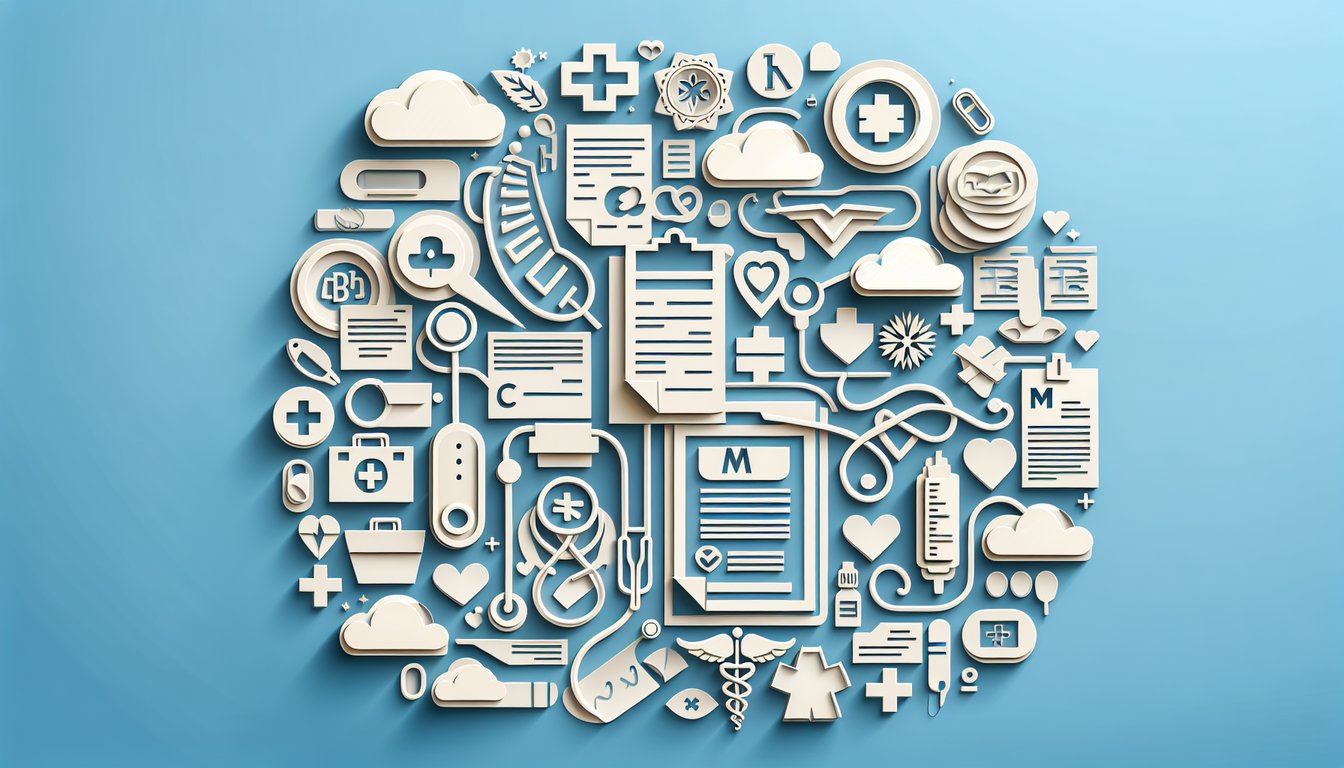 Paper art illustration of medical billing and coding quiz icons on sky blue background