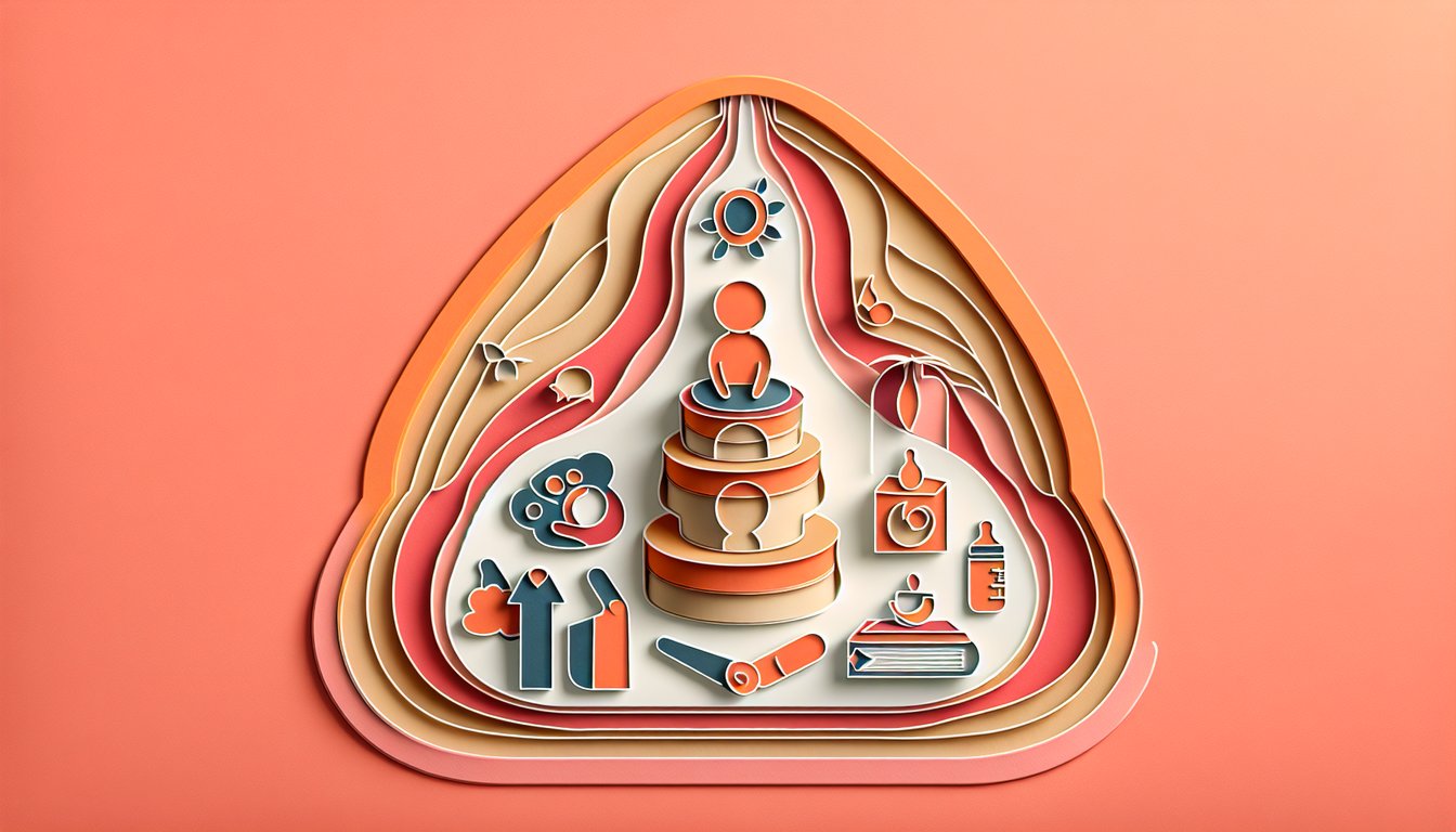 Paper art style coral background, quiz graphic with child development icons blocks books puzzle pieces question mark