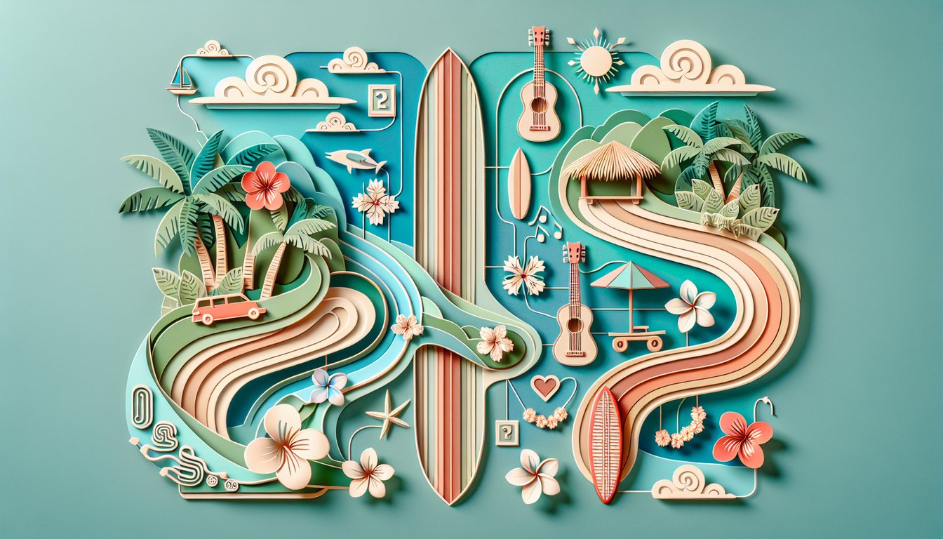 Paper art illustration for Hawaiian name personality quiz on a teal background.