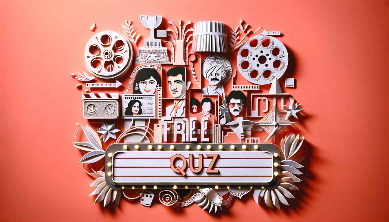 Paper art film reels tickets Bollywood icons on coral background for free Bollywood Movie Names Quiz