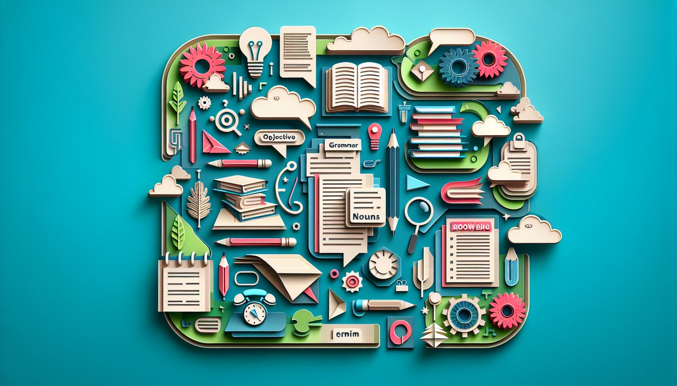 Paper art illustration for grammar skills quiz featuring nouns and objective cases on teal background