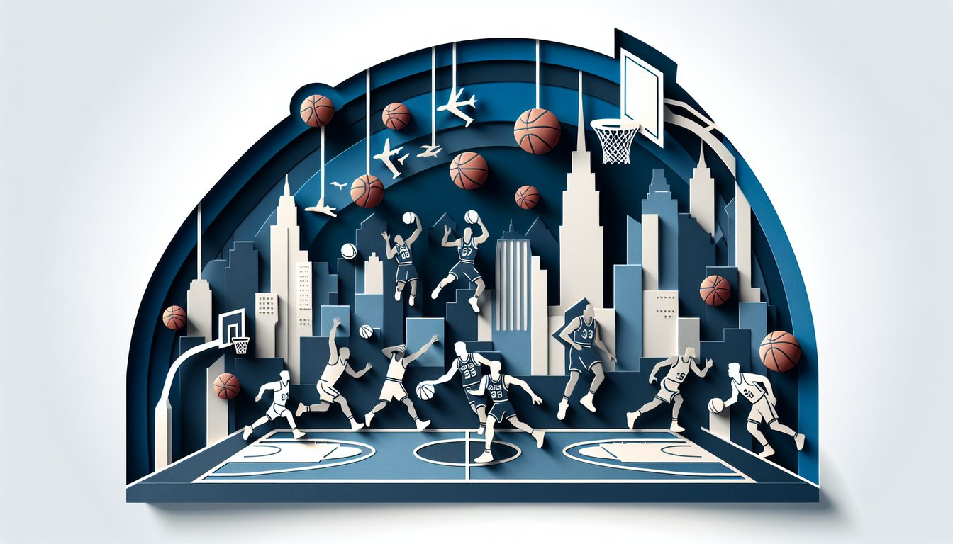 Paper art style New York Knicks logo, basketball, trophy, question mark on dark blue background