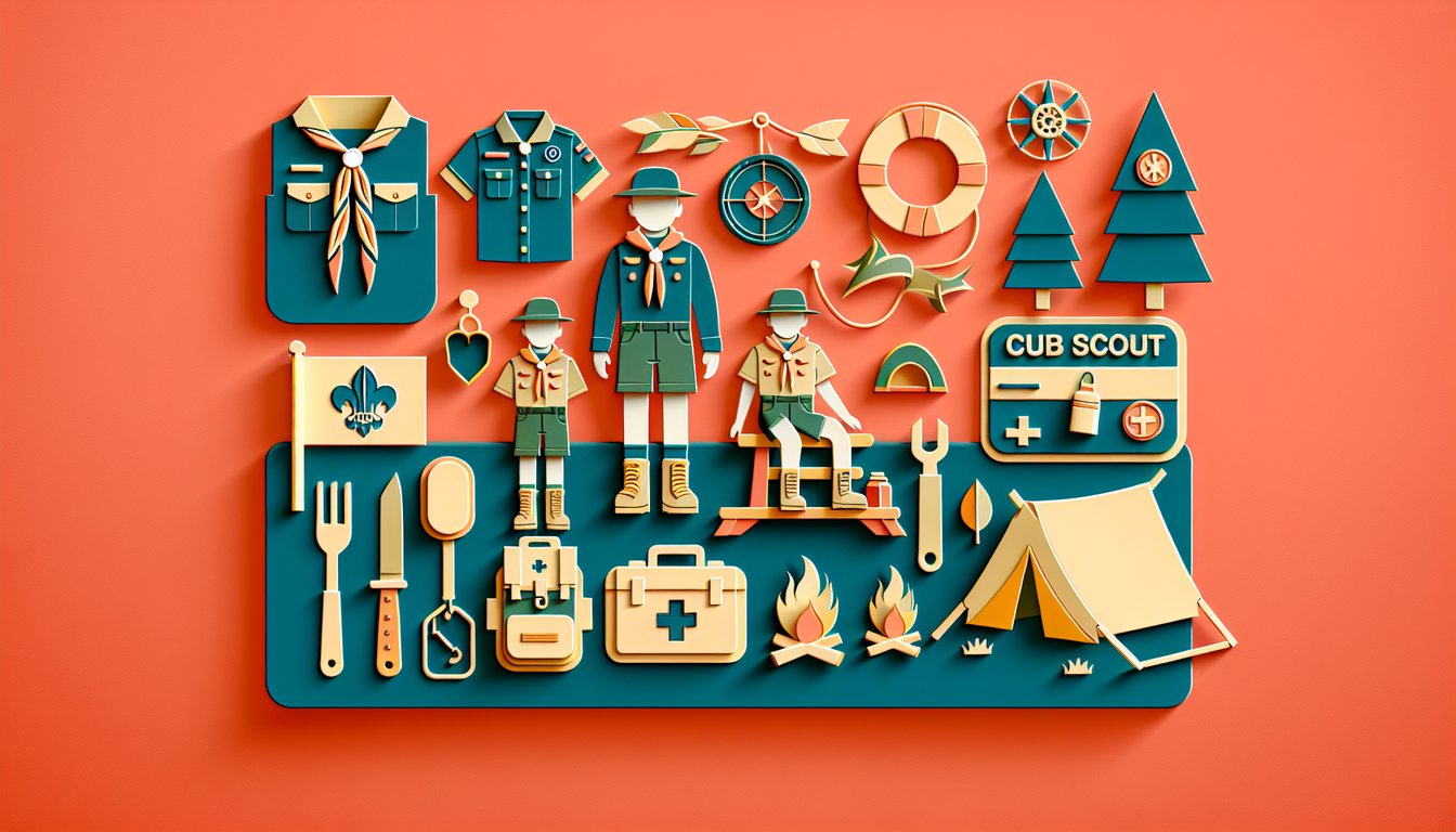 paper art illustration cub scout trivia challenge with uniforms badges tents safety gear campfire on coral background