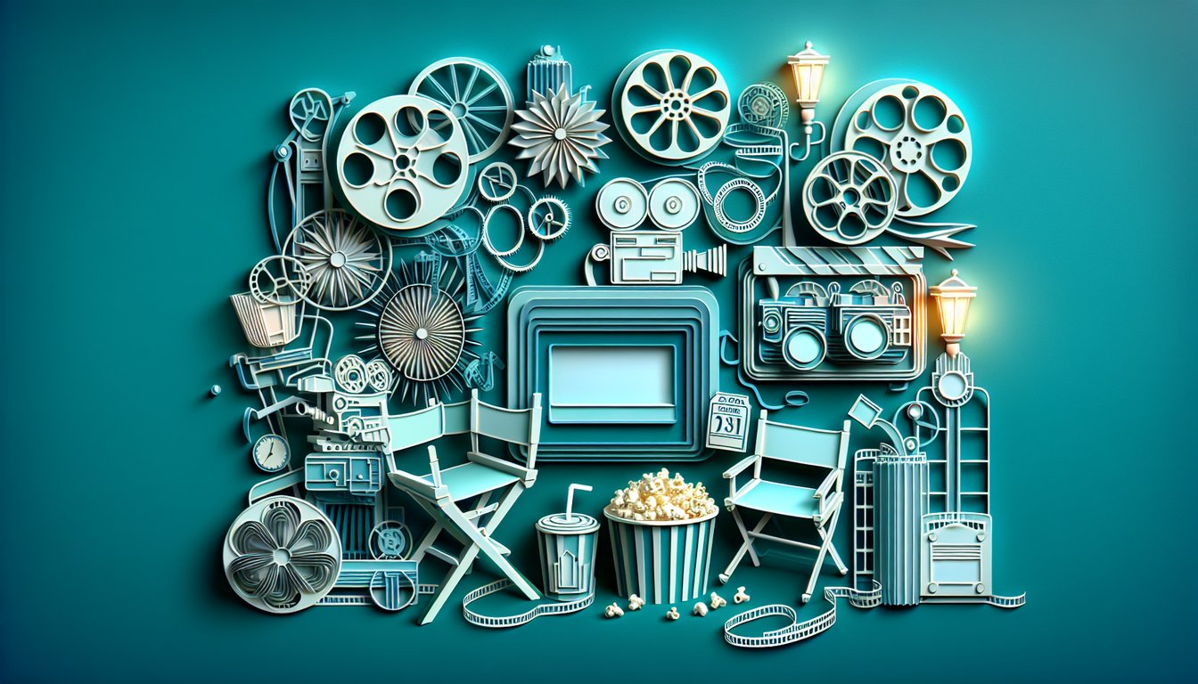 Paper art illustration for Keith movie trivia quiz on a teal background