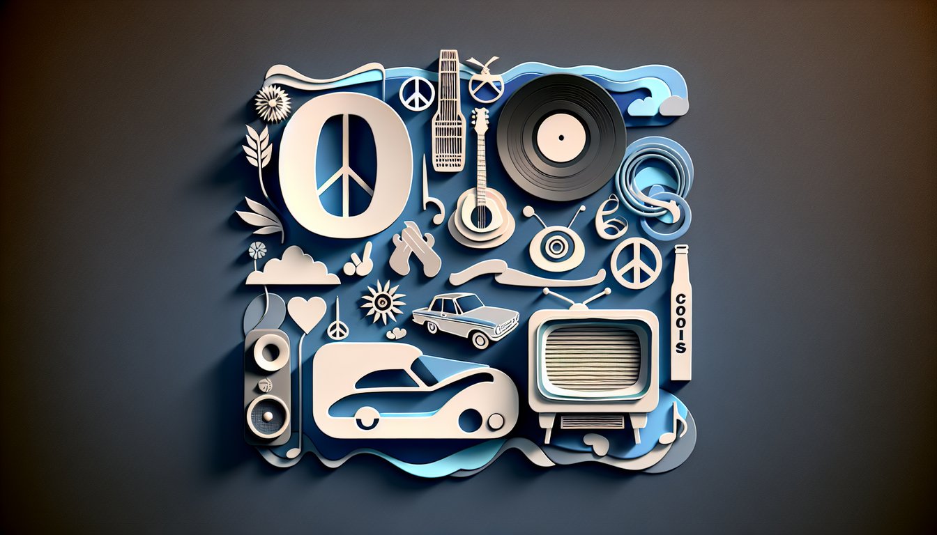 Paper art illustration for a 1960s trivia quiz on a dark blue background