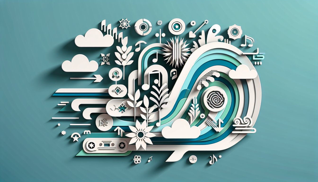 Paper art illustration collage of stylized Grand Theft Auto icons on teal background evokes style, music taste, crew vibes