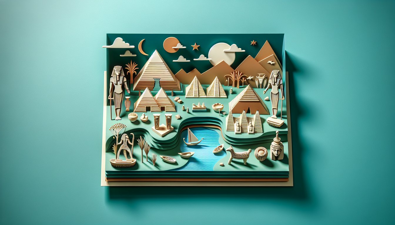 Paper art collage of pyramids pharaoh mask map of Nubia hieroglyphs on teal background for Ancient Egypt Nubia quiz