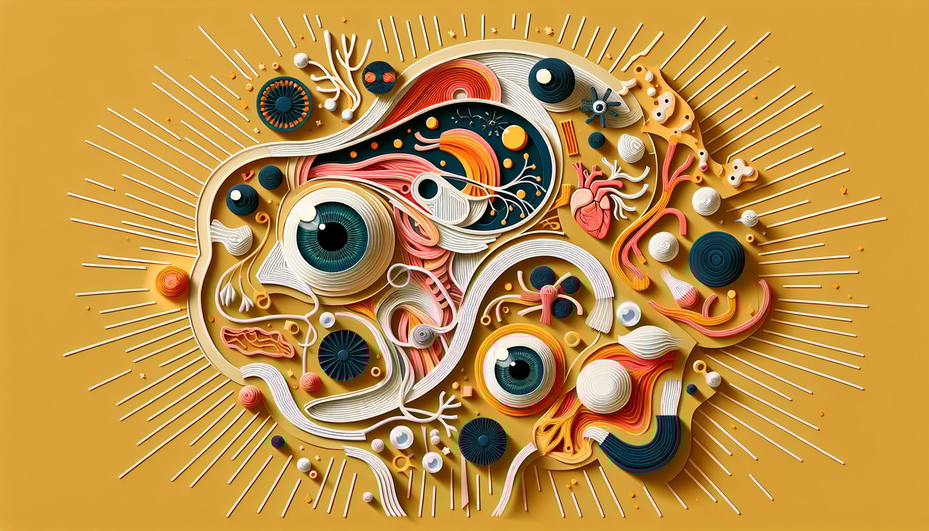 Paper art illustration for anatomy quiz with eyeball and muscle imagery on golden yellow background