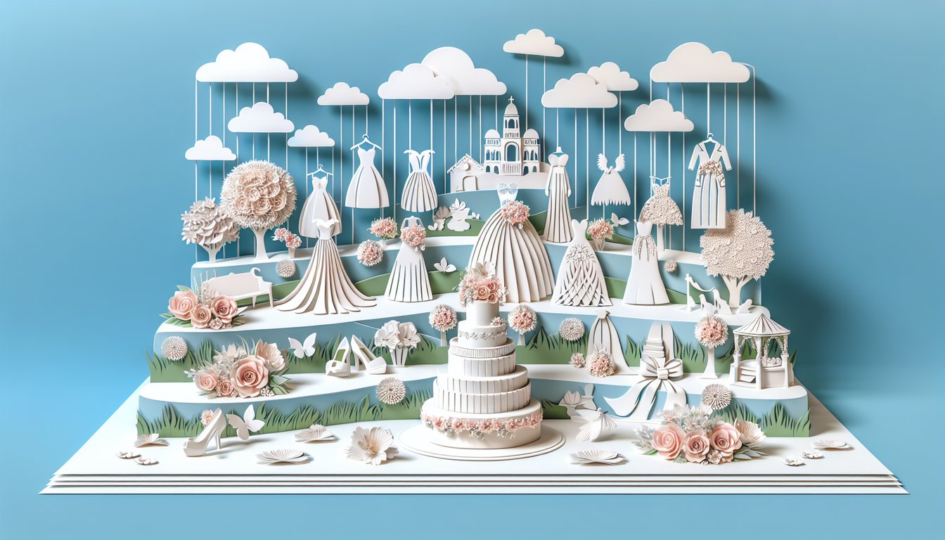 paper art illustration wedding vibe quiz header with flowers rings envelope bride groom silhouettes sky blue background
