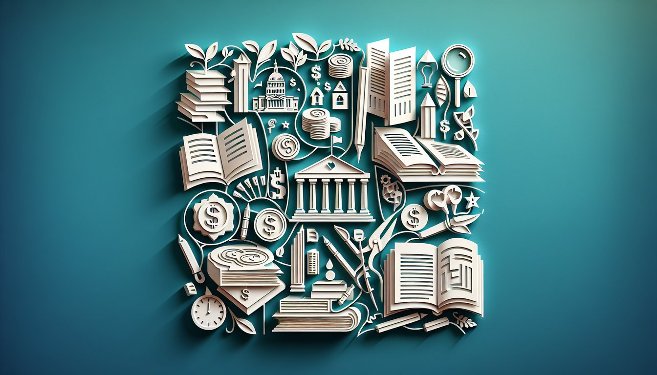 Paper art style quiz layout with textbook, grant documents, chart icons and upward arrow on teal background.