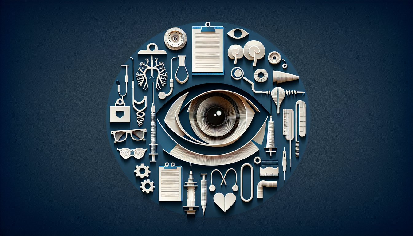 Colorful paper art depicting elements of ophthalmology and ENT surgery for a knowledge quiz