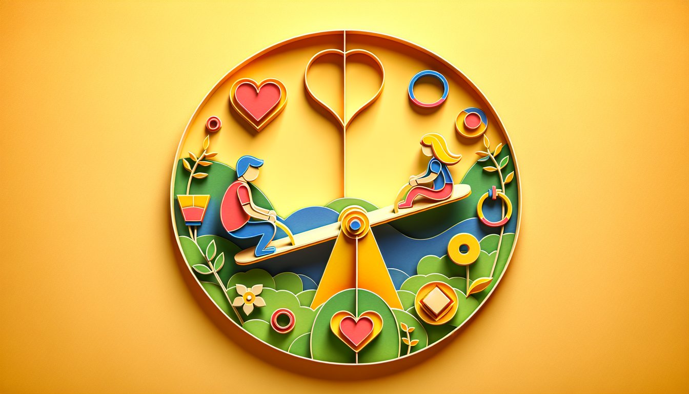 Paper art couple holding hands, heart puzzle pieces floating on golden yellow background for relationship quiz.