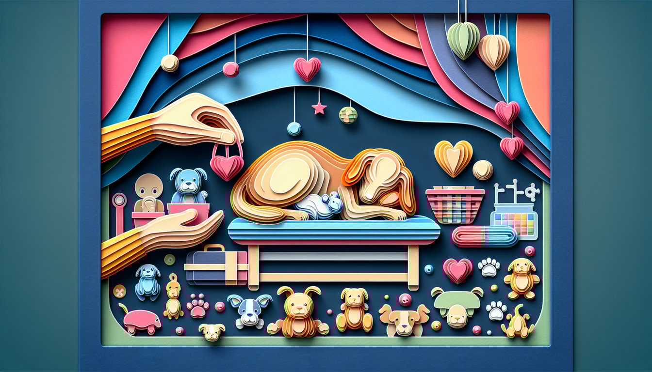Paper art illustration for dog pregnancy quiz on dark blue background