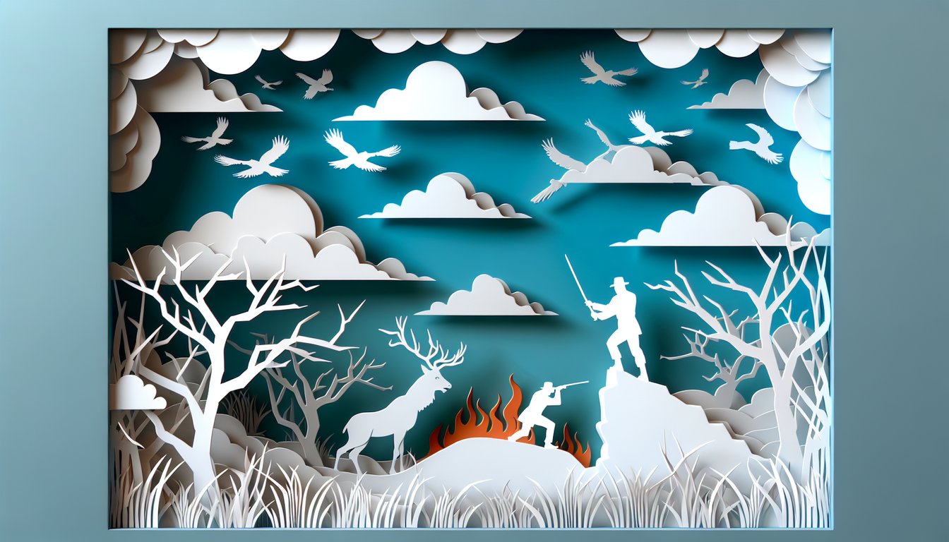 Paper art illustration for Most Dangerous Game quiz on man vs nature theme on sky blue background