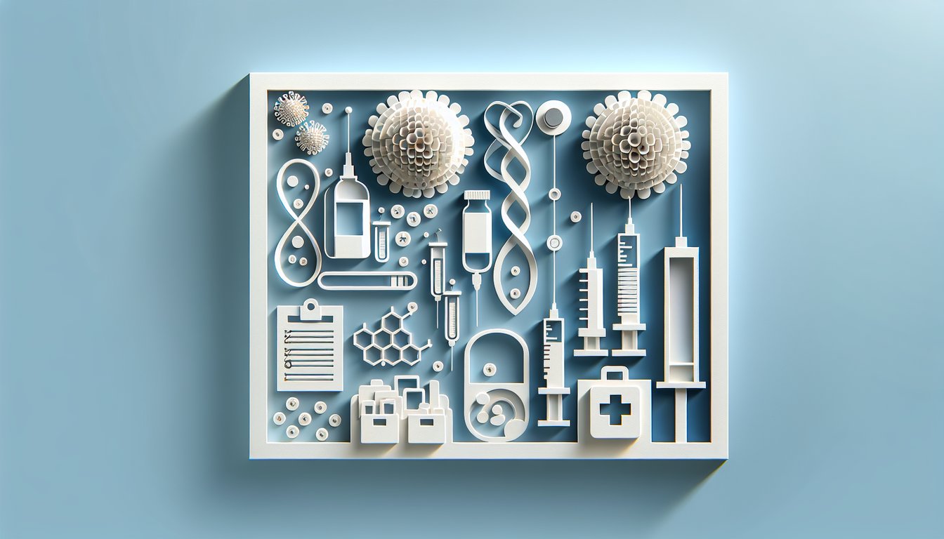 Paper art icons of medical symbols and quiz elements floating on sky blue background for STI quiz.