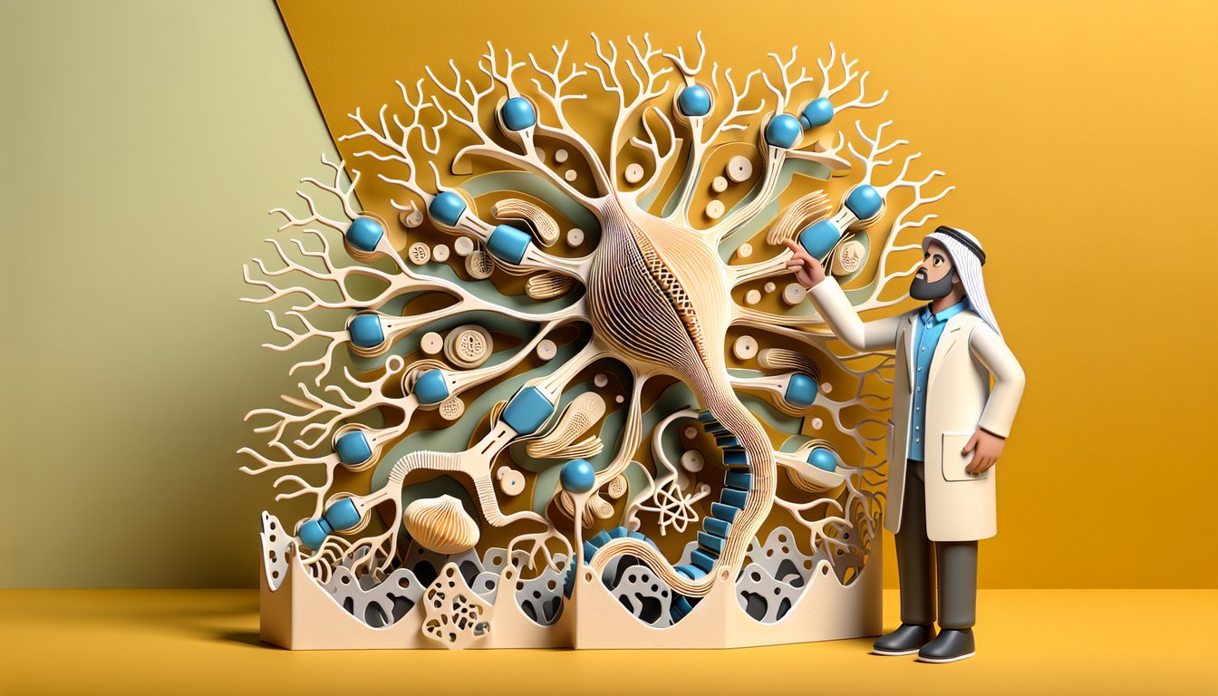 Paper art style neuron with ion channels and membrane potential waves on golden yellow background for action potential quiz