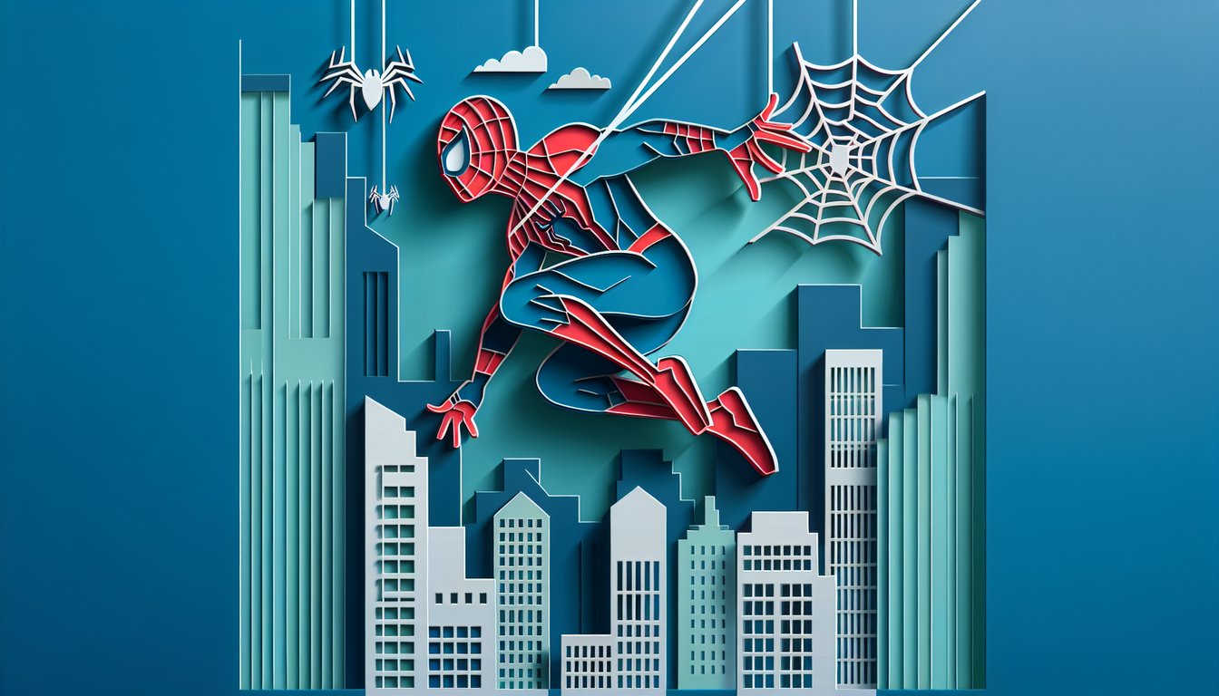 Paper art illustration for Spiderman No Way Home quiz, with web graphics and film icons on teal background