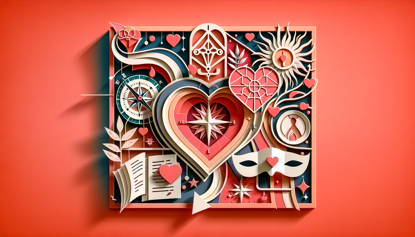 Paper art hearts and couple silhouettes on coral background representing a romantic quiz