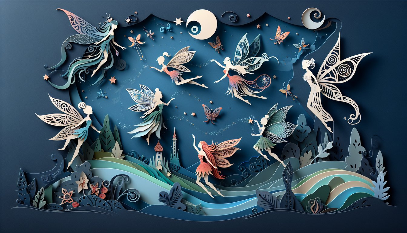 Paper art illustration for a Tinker Bell fairy quiz on a dark blue background.
