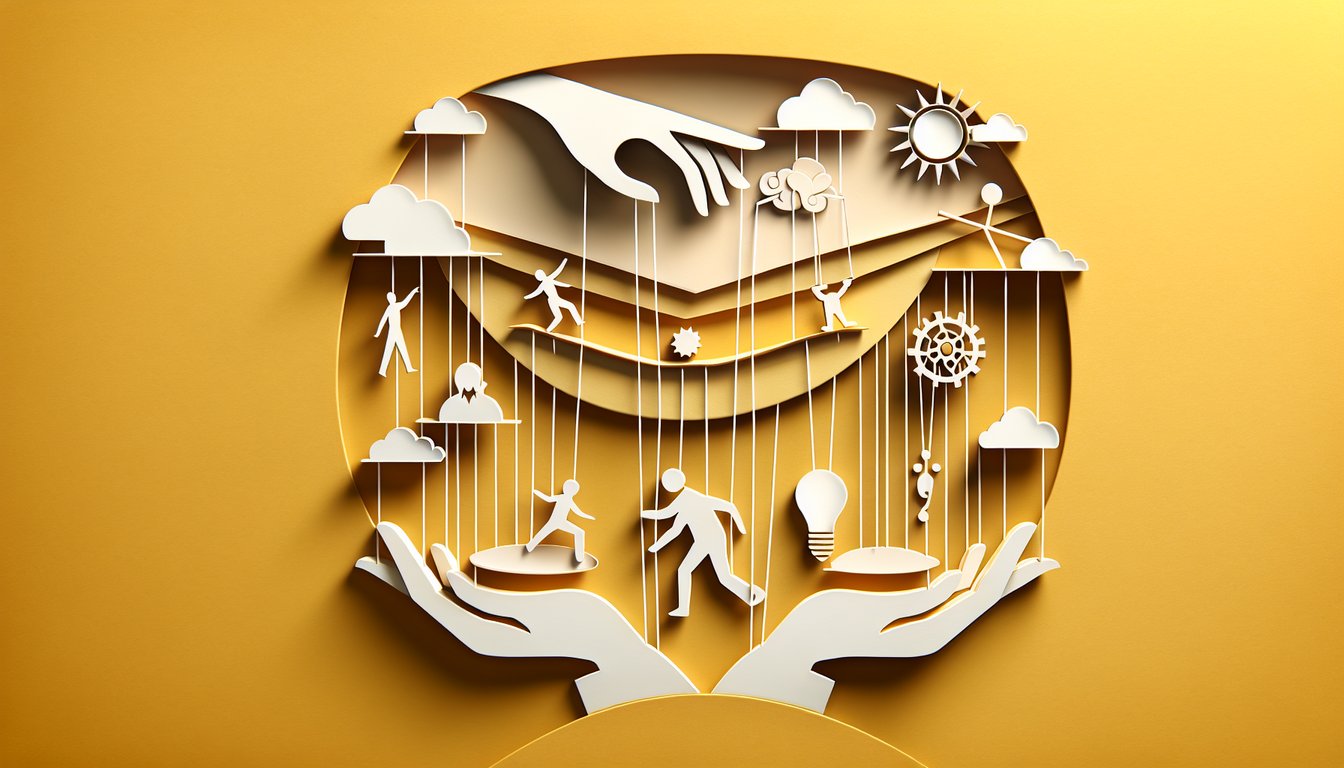 Paper cut hands and question marks around quiz title text on golden yellow background hinting at influence test